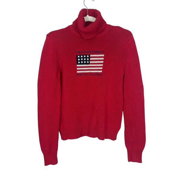 Polo Jeans Co. by Ralph Lauren Sweaters - Vintage Polo Jeans Co Ralph Lauren USA Flag Turtleneck Sweater Red Women's Med